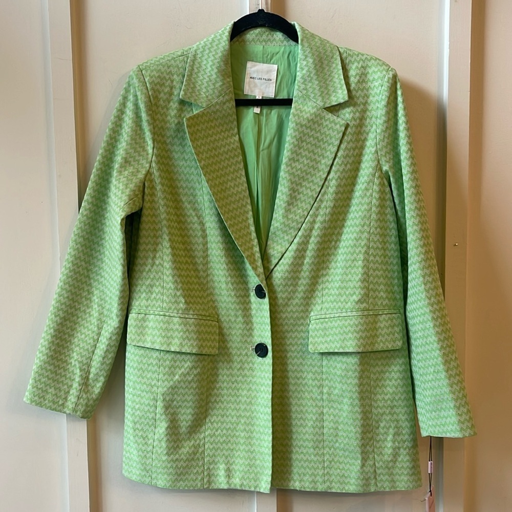 Avec Les Filles Lime Green Chevron Print 2-button Blazer